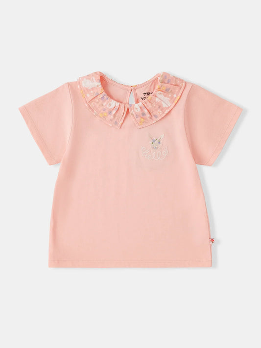 Girls Ruffle Collar Short Sleeve Bunny Print Tee