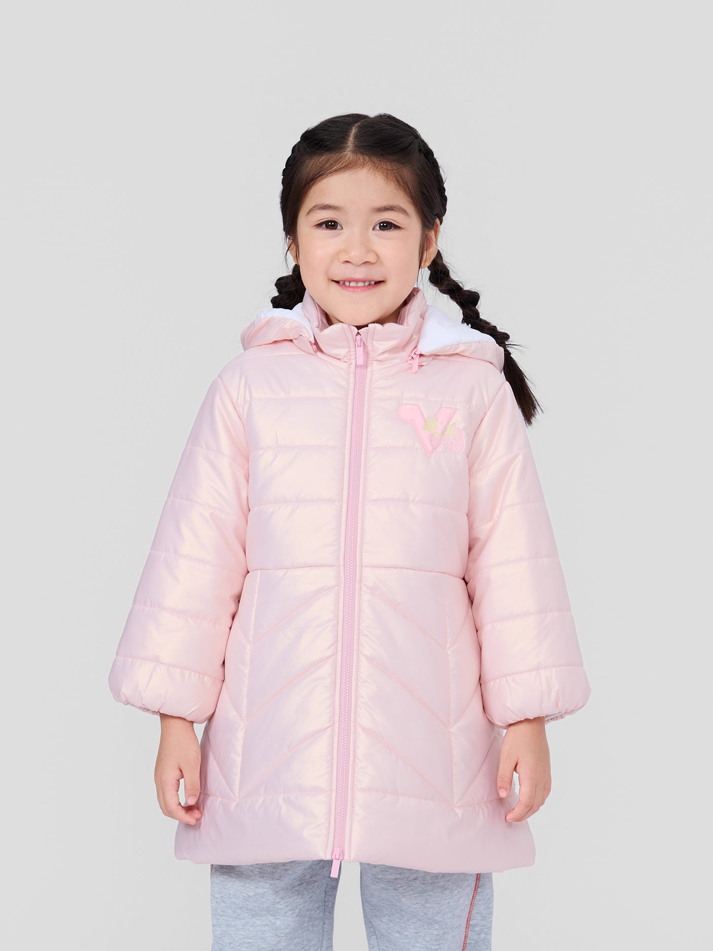 Girls Strawberry Embroidered Hooded Puffer Coat