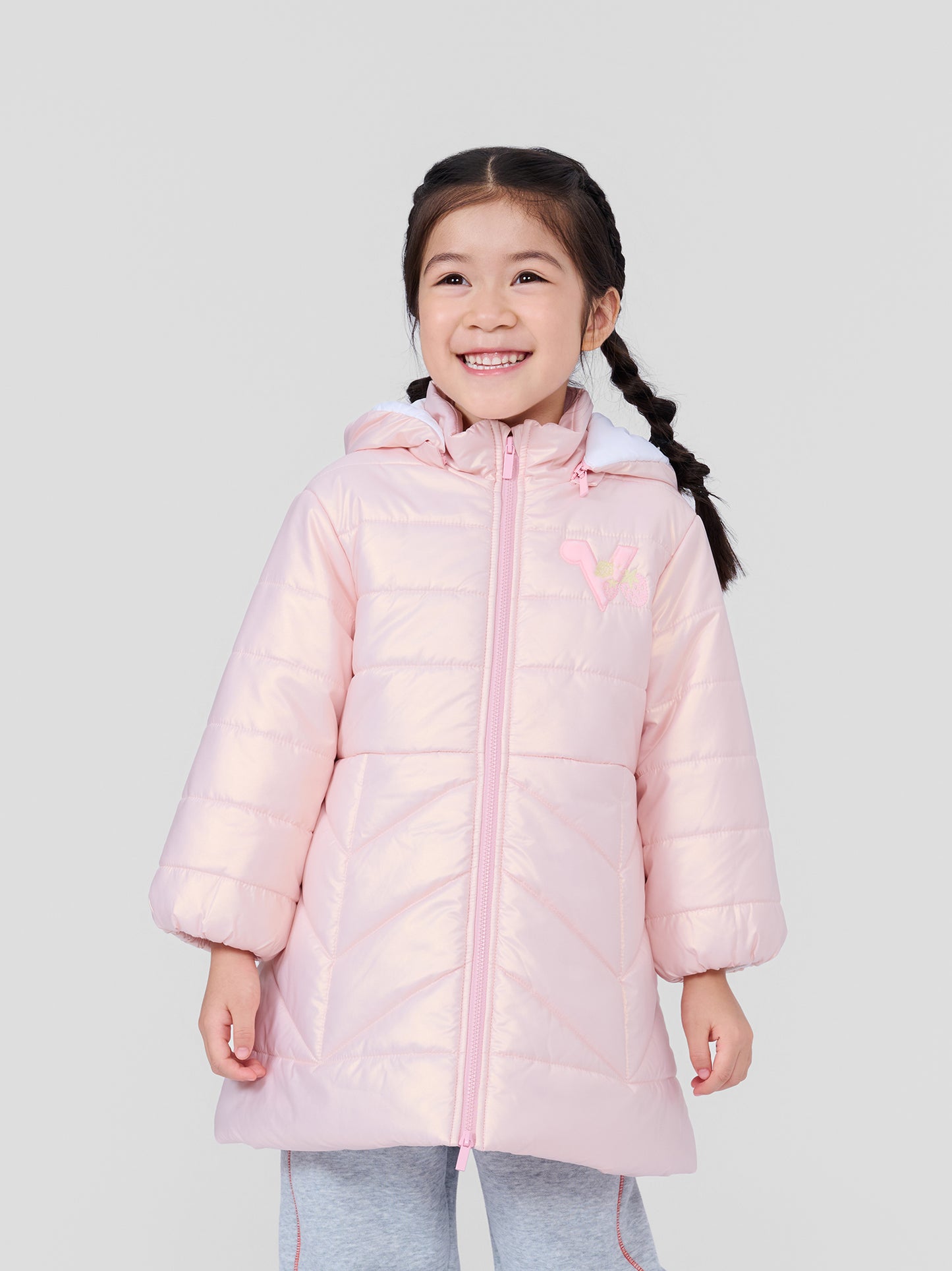 Girls Strawberry Embroidered Hooded Puffer Coat