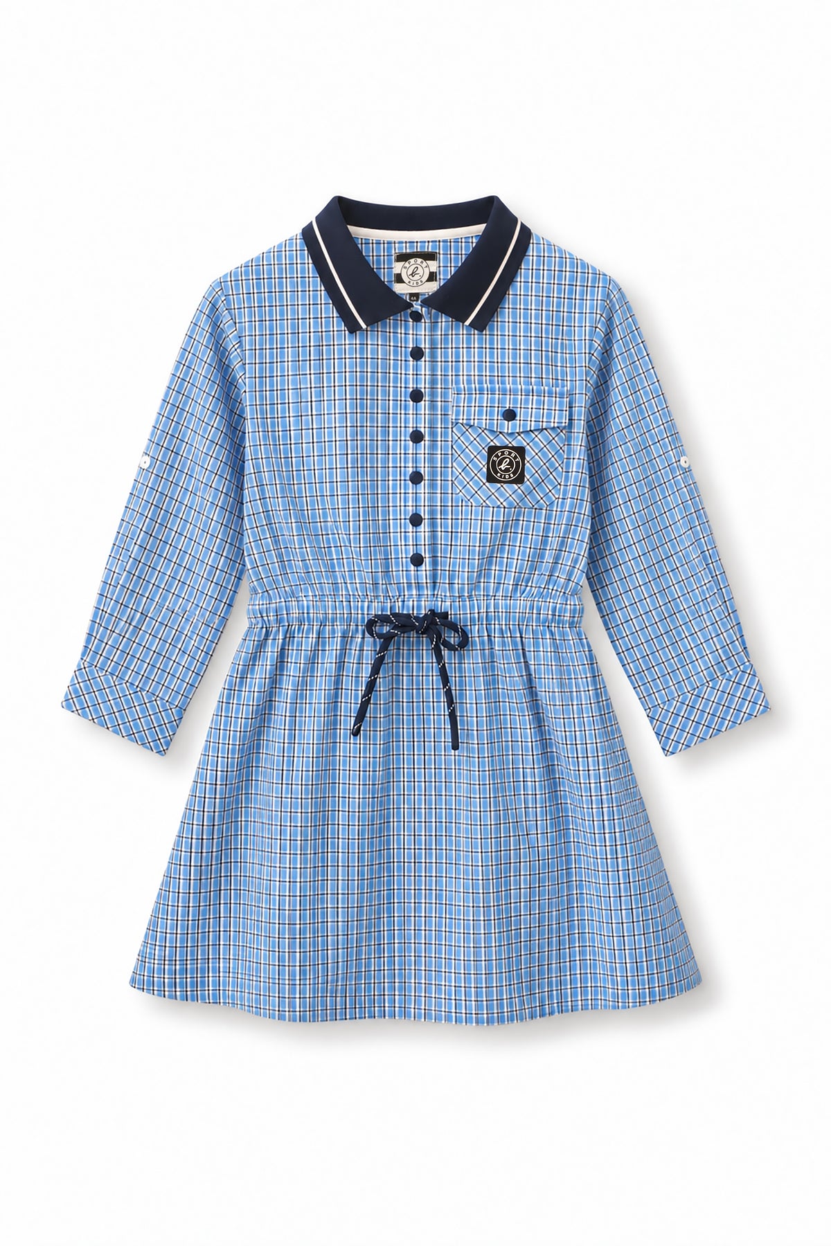 Girls Contrast Collar Button-Front Shirt Dress with Drawstring Waist
