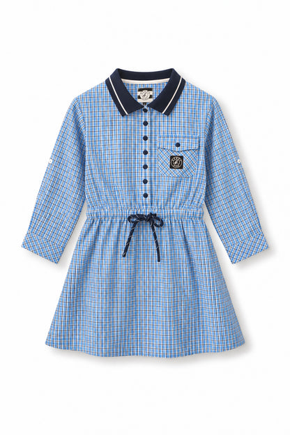 Girls Contrast Collar Button-Front Shirt Dress with Drawstring Waist