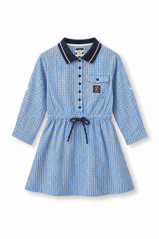 Girls Contrast Collar Button-Front Shirt Dress with Drawstring Waist