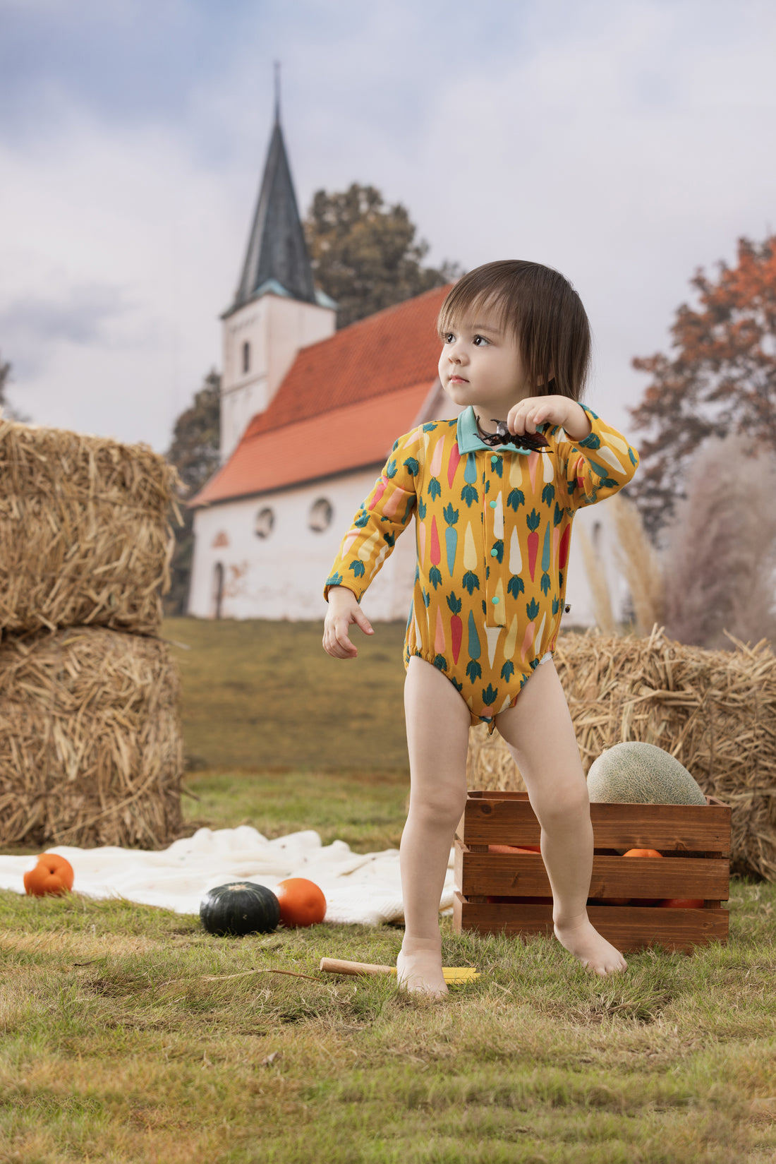 VAUVA Vauva FW23 - Baby Boy Carrot All Over Print Cotton Polo Long Sleeve Bodysuit (Yellow) Bodysuit