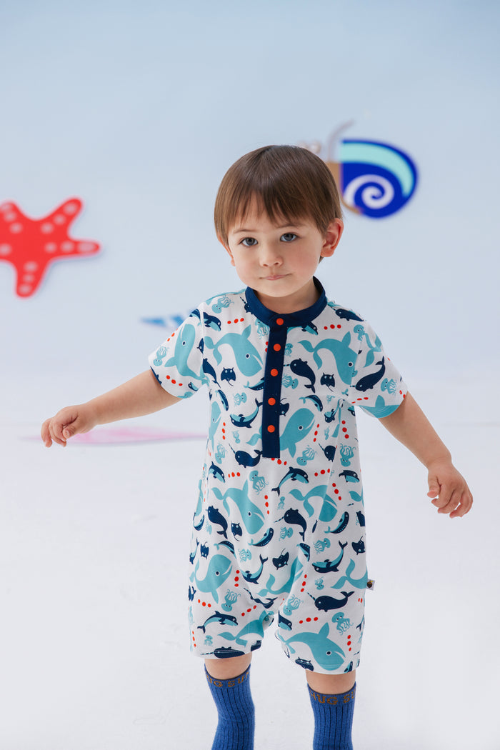 Vauva SS24 - Baby Boy Short Sleeves Whale Printed Romper (Blue) model image