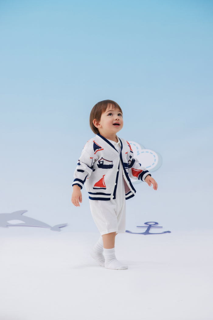 VAUVA Vauva SS24 - Baby Boy Sail Boat Pattern Long Sleeve Cardigan - White Bodysuit