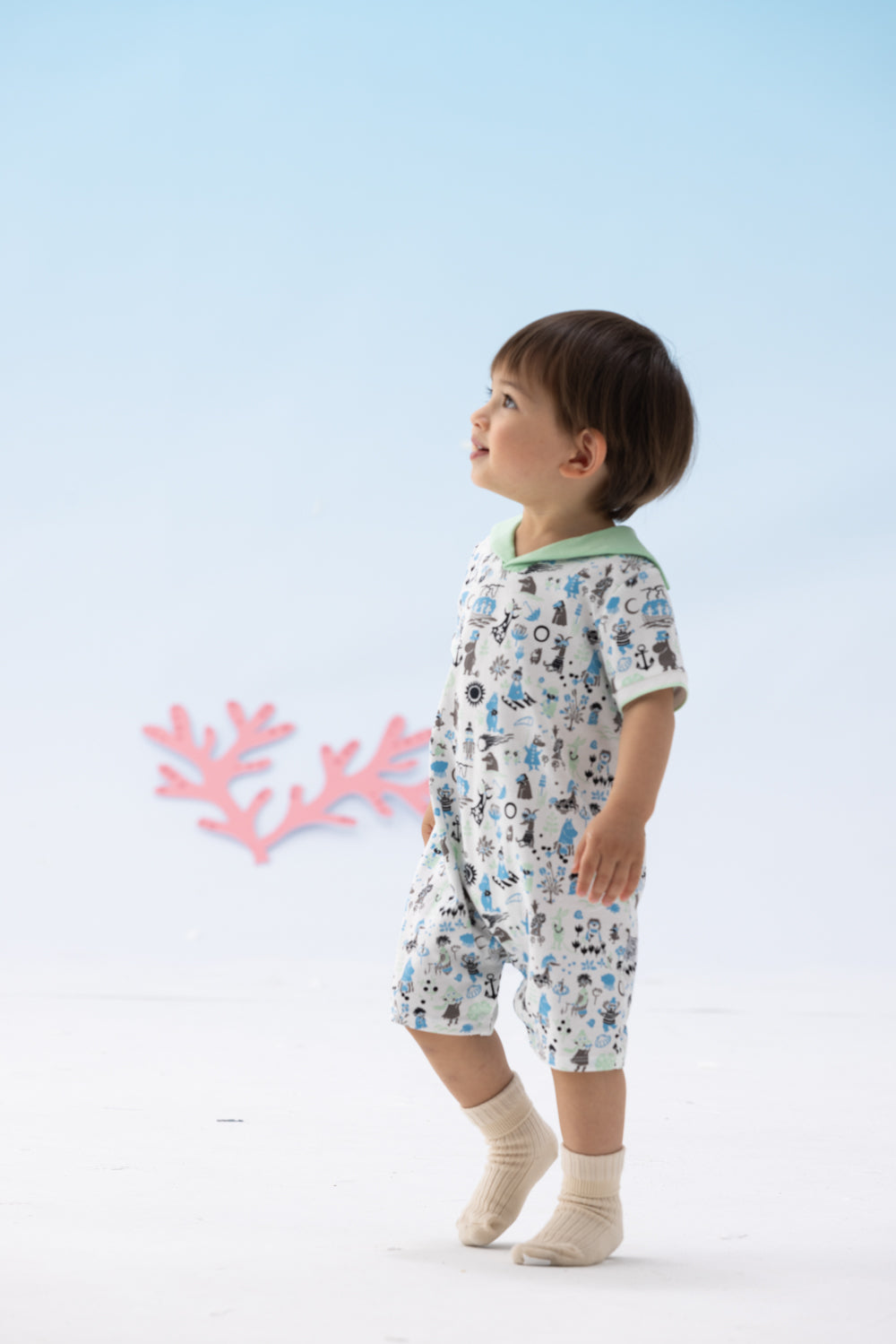 Vauva x Moomin Vauva x Moomin- Baby Boy Moomin All Over Print Romper with Shape Collar - Pastel Green Romper