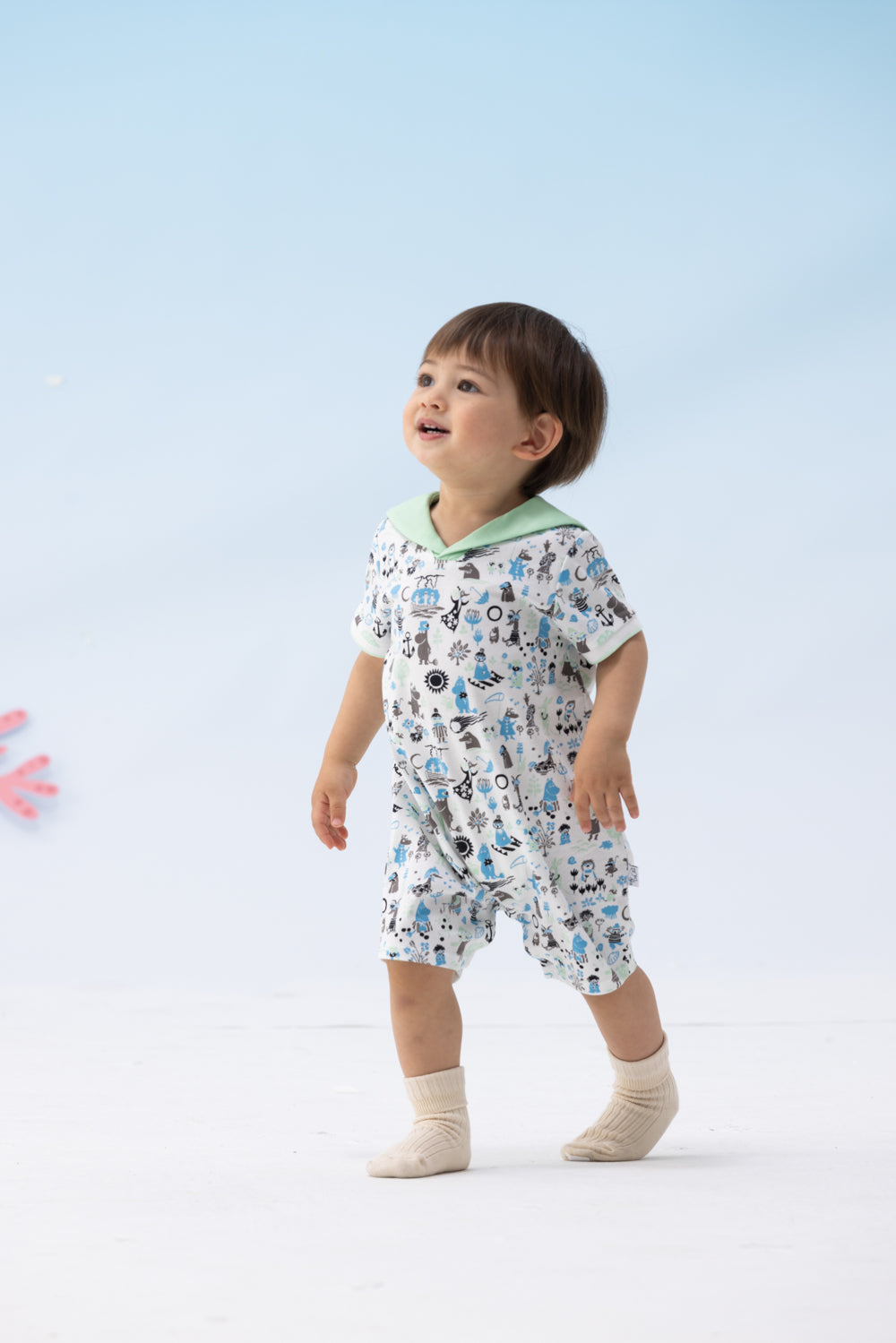 Vauva x Moomin Vauva x Moomin- Baby Boy Moomin All Over Print Romper with Shape Collar - Pastel Green Romper