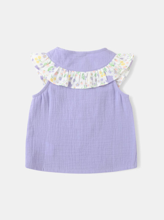 Baby Girls Sleeveless All-Over Bunny Print Ruffle Two-Tone Top
