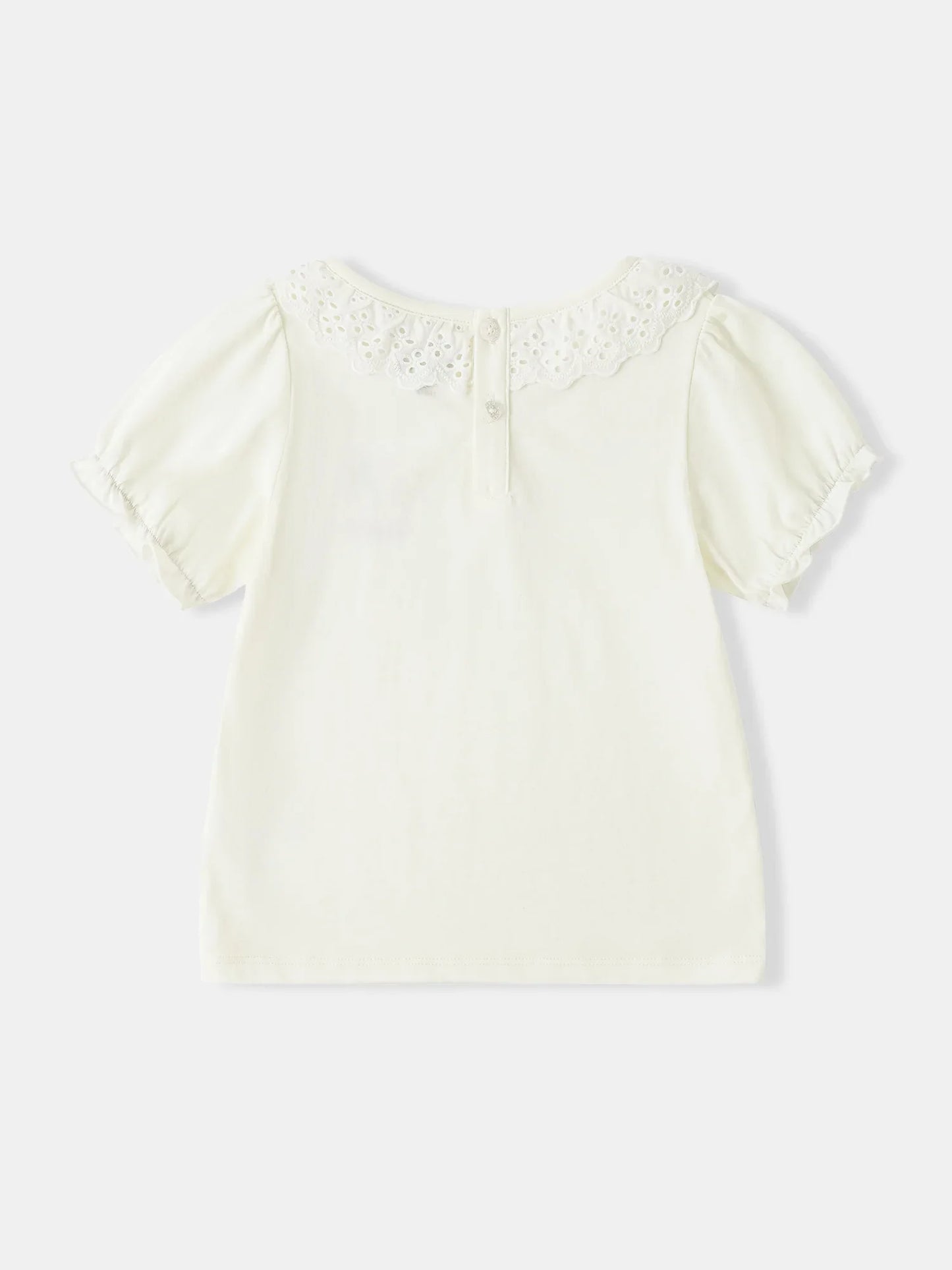 Girls Lace-Trimmed Collar Short Puff Sleeve Bunny Print Tee