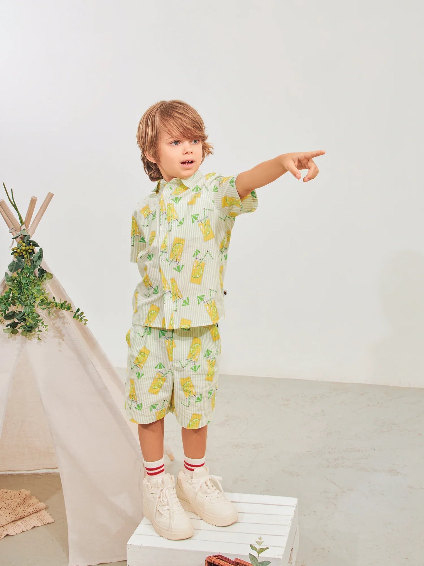 Boys Short Sleeve All-Over Lemon Tea Print Shirt
