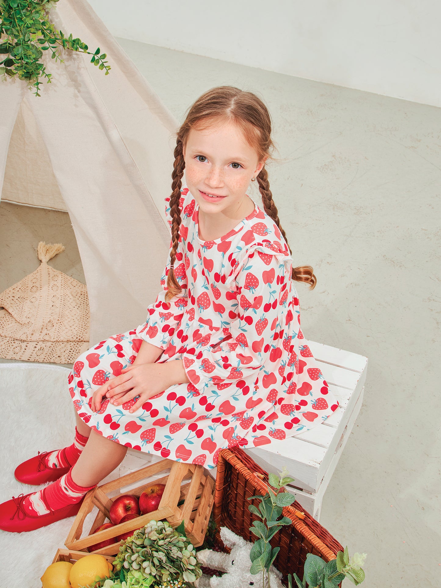 Girls Long Puff Sleeve All-Over Berries Print Dress