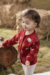 Vauva FW23 - Baby Girls Farm Jacquard Cotton Cashmere Jacket (Red)-model image side