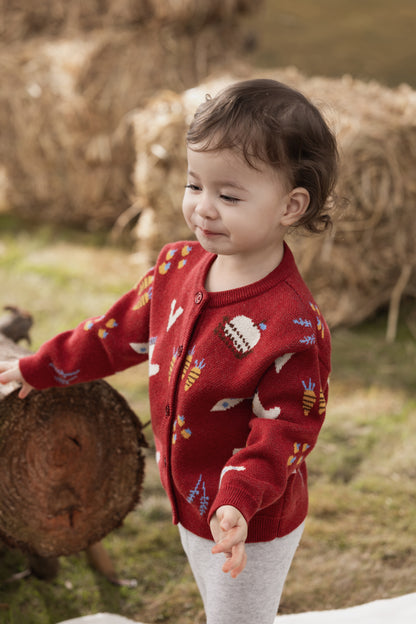 VAUVA Vauva FW23 - Baby Girls Farm Jacquard Cotton Cashmere Jacket (Red) Coat &amp; Jacket