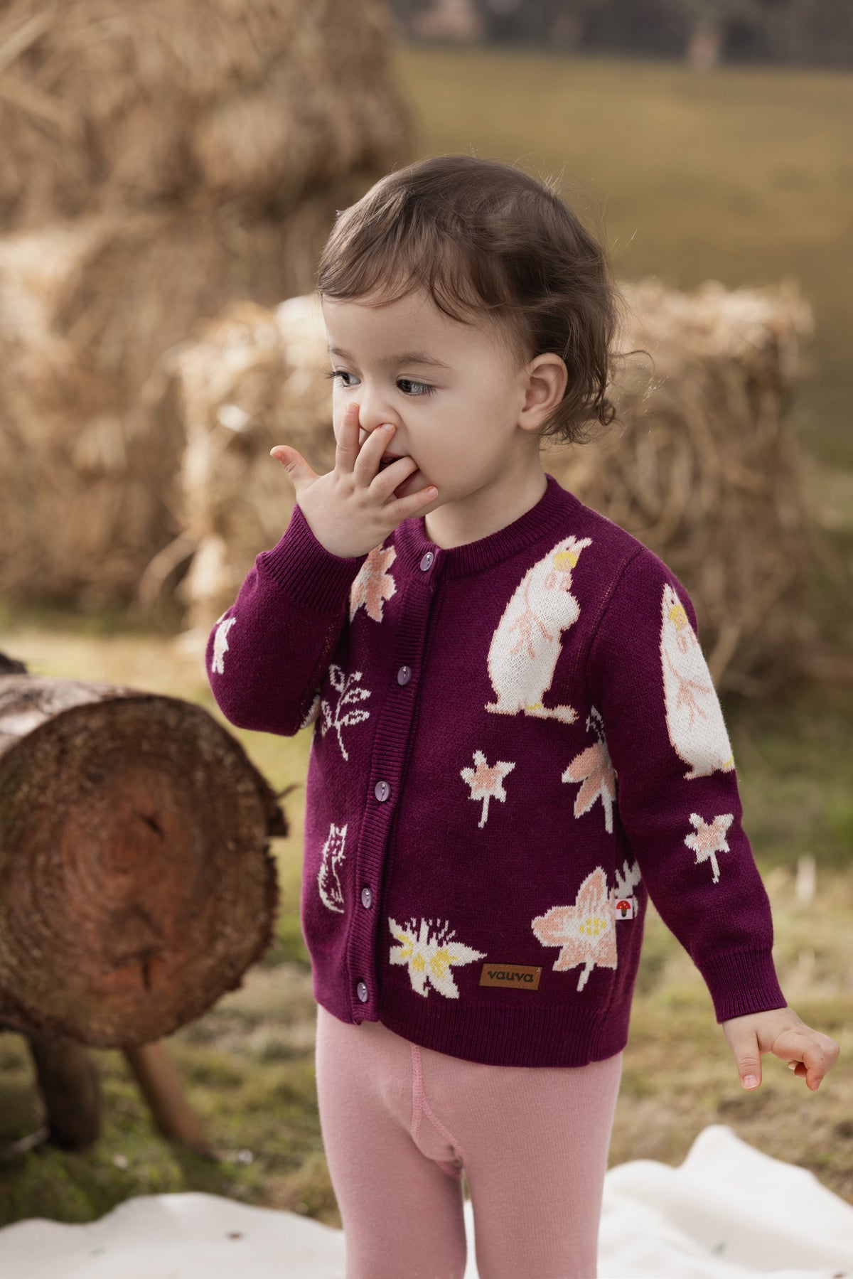 Vauva x Moomin FW23 - Baby Girls Moomin Pattern Long Sleeve Knit Jacket (Purple) model front
