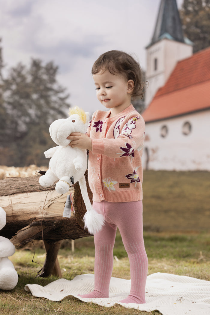 Vauva x Moomin FW23 - Baby Girls Moomin Pattern Long Sleeve Knit Jacket (Pink) model front - 2