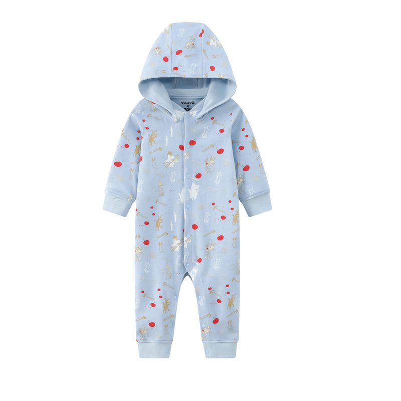 Vauva x Moomin FW23 - Baby Boys Moomin All Over Print Cotton Hood Long Sleeve Romper (Blue) product image front