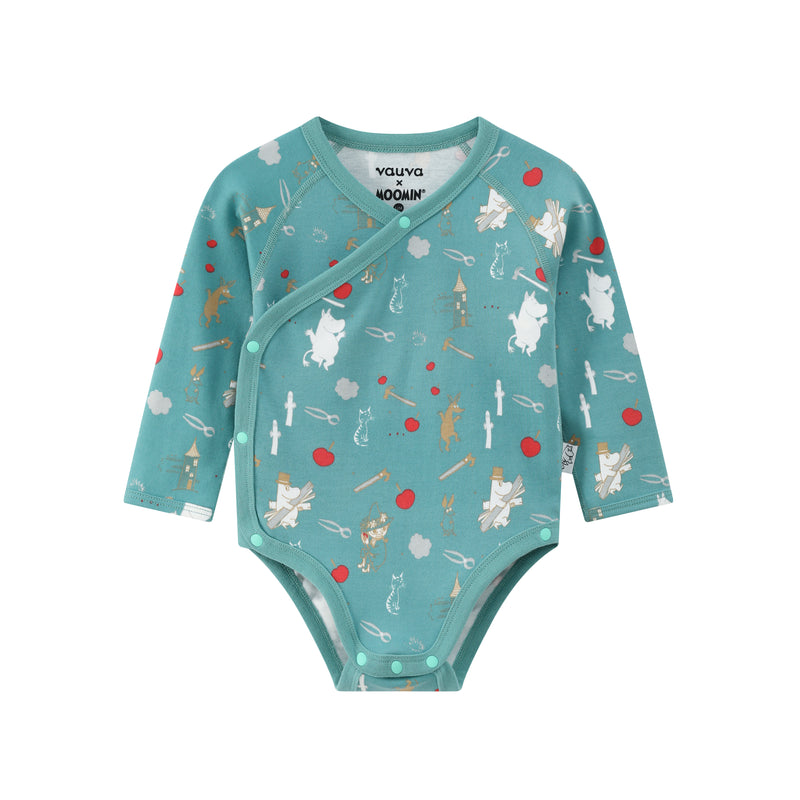Vauva x Moomin FW23 - Baby Boys Moomin All Over Print Cotton Long Sleeve Bodysuit (Green) product image front