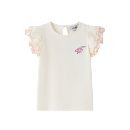 VAUVA Vauva SS24 - Toddler Girl Fish Embroidered Short Sleeve T-Shirt Top - White Top &amp; Bottom Set