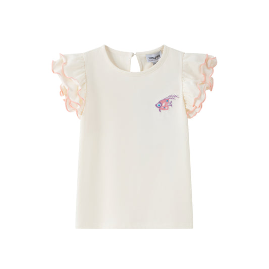 VAUVA Vauva SS24 - Toddler Girl Fish Embroidered Short Sleeve T-Shirt Top - White Top & Bottom Set