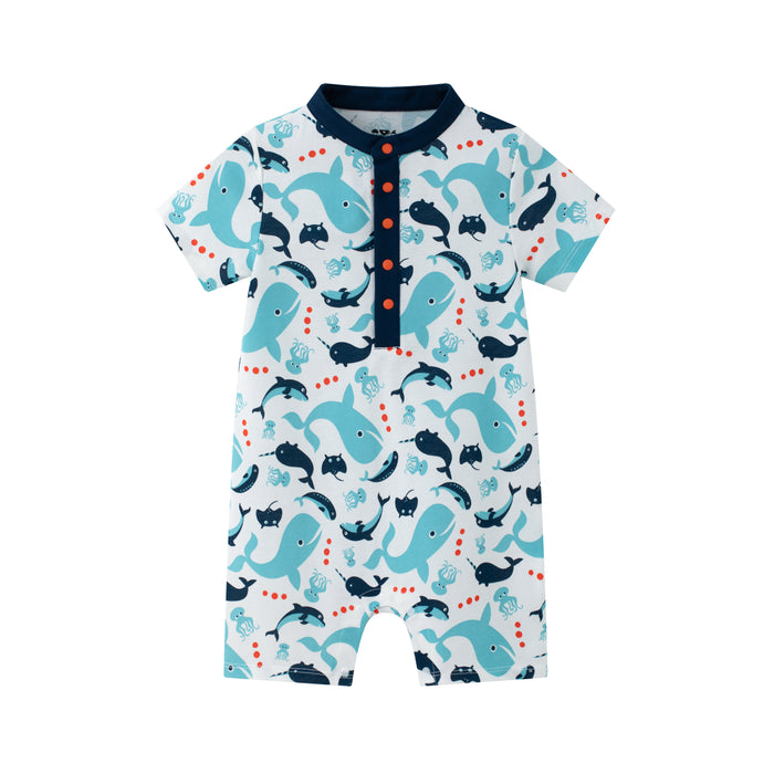 Vauva SS24 - Baby Boy Short Sleeves Whale Printed Romper (Blue) product image front
