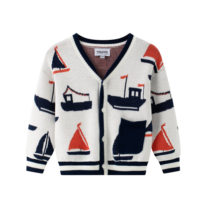 VAUVA Vauva SS24 - Baby Boy Sail Boat Pattern Long Sleeve Cardigan - White Bodysuit