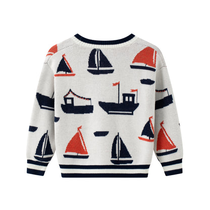 VAUVA Vauva SS24 - Baby Boy Sail Boat Pattern Long Sleeve Cardigan - White Bodysuit