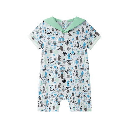 Vauva x Moomin Vauva x Moomin- Baby Boy Moomin All Over Print Romper with Shape Collar - Pastel Green Romper