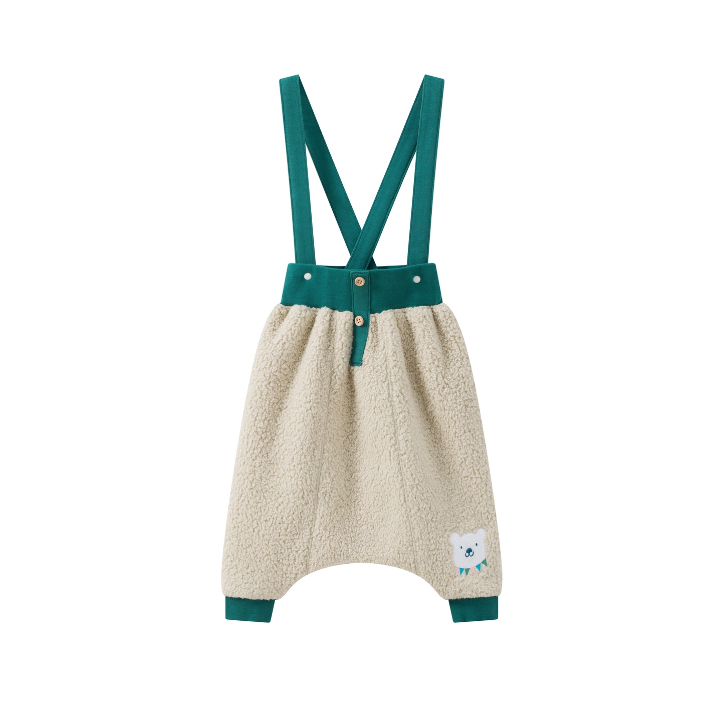 Bear-Embroidered Teddy Suspender Pants