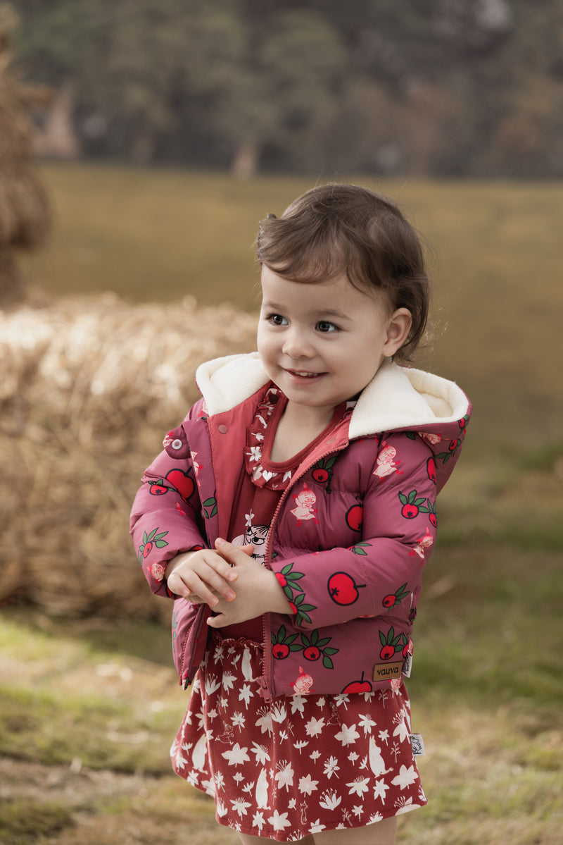 Vauva x Moomin FW23 - Baby Girls Moomin All Over Print Padded Jacket with Hood (Red) model front