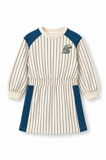 Girls Pinstripe Dino Patch Elastic Waist Dress