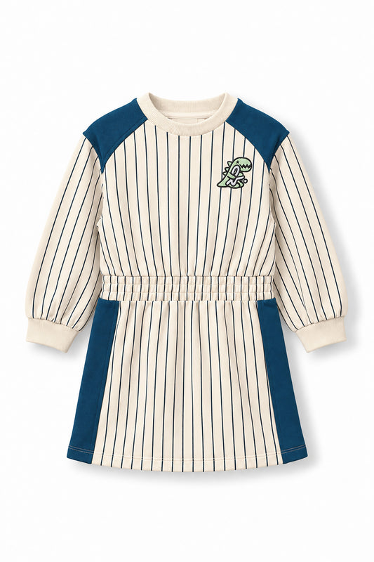 Girls Pinstripe Dino Patch Elastic Waist Dress