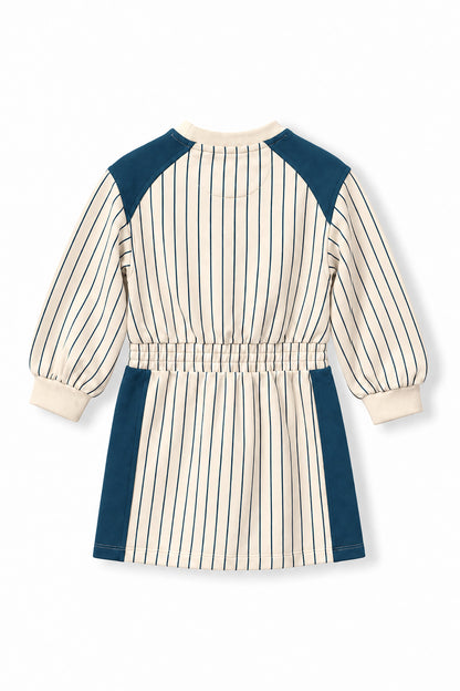 Girls Pinstripe Dino Patch Elastic Waist Dress