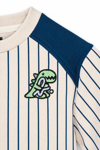 Girls Pinstripe Dino Patch Elastic Waist Dress