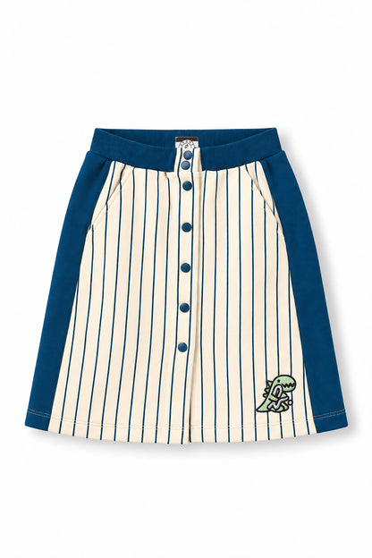 Girls Pinstripe Button-Front Dino Patch A-Line Skirt