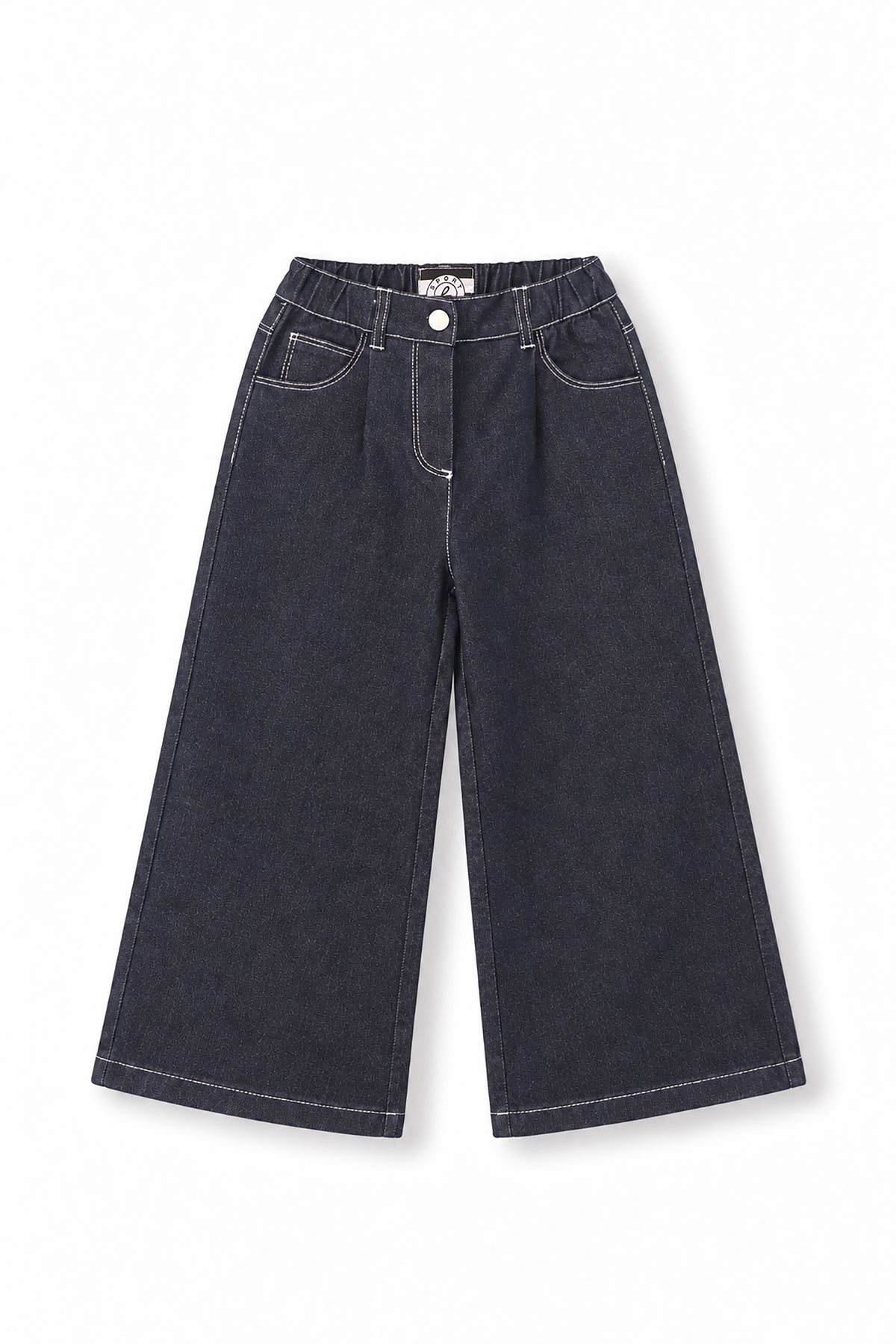 Girls Contrast Stitch Embroidered Logo Wide-Leg Denim Pants