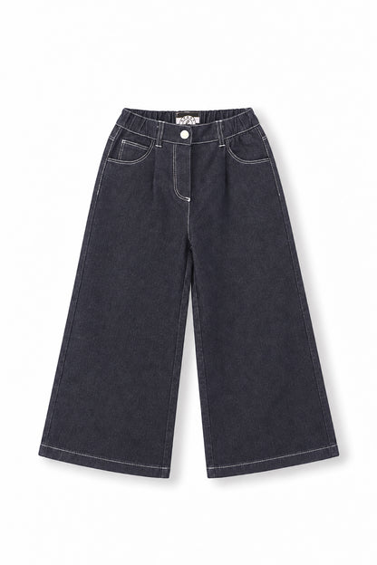 Girls Contrast Stitch Embroidered Logo Wide-Leg Denim Pants