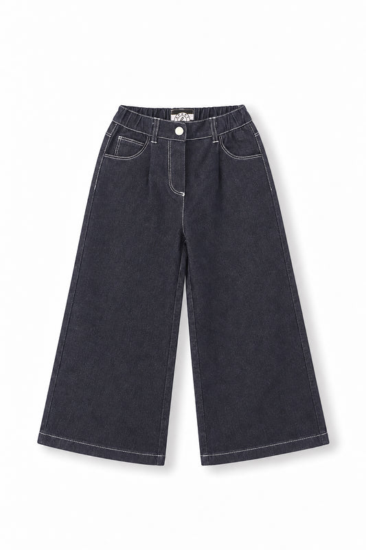 Girls Contrast Stitch Embroidered Logo Wide-Leg Denim Pants
