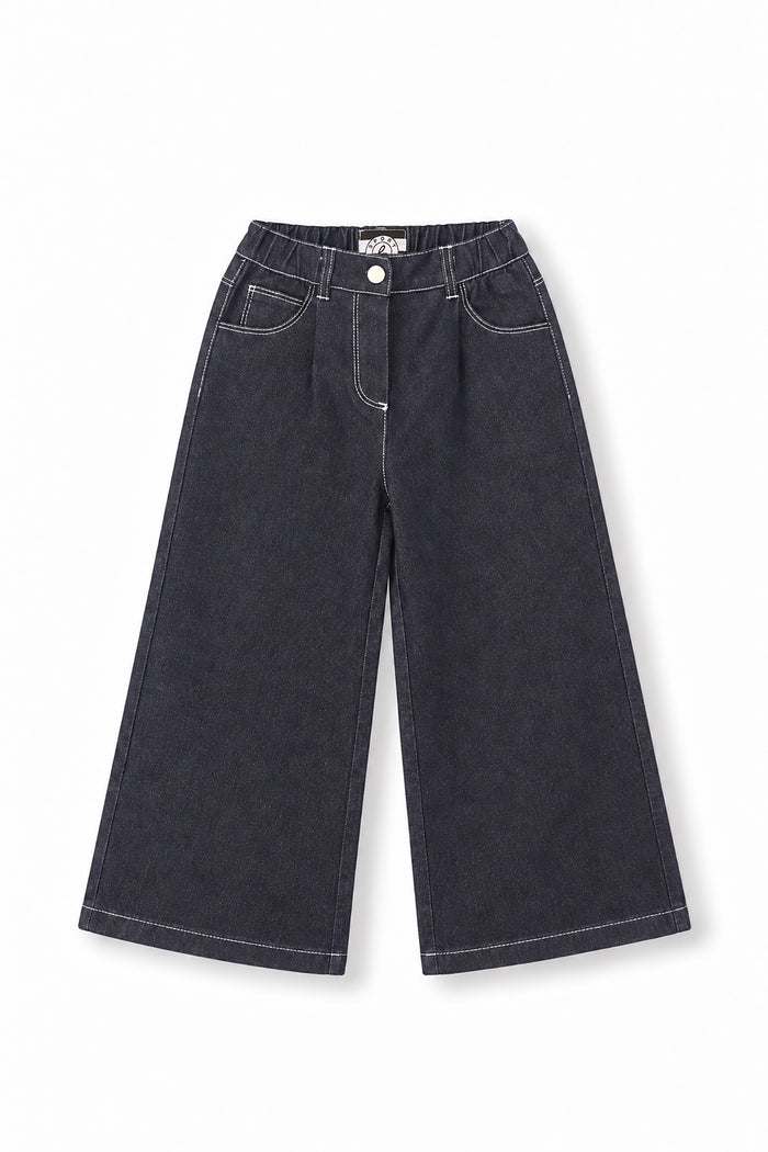 Girls Contrast Stitch Embroidered Logo Wide-Leg Denim Pants