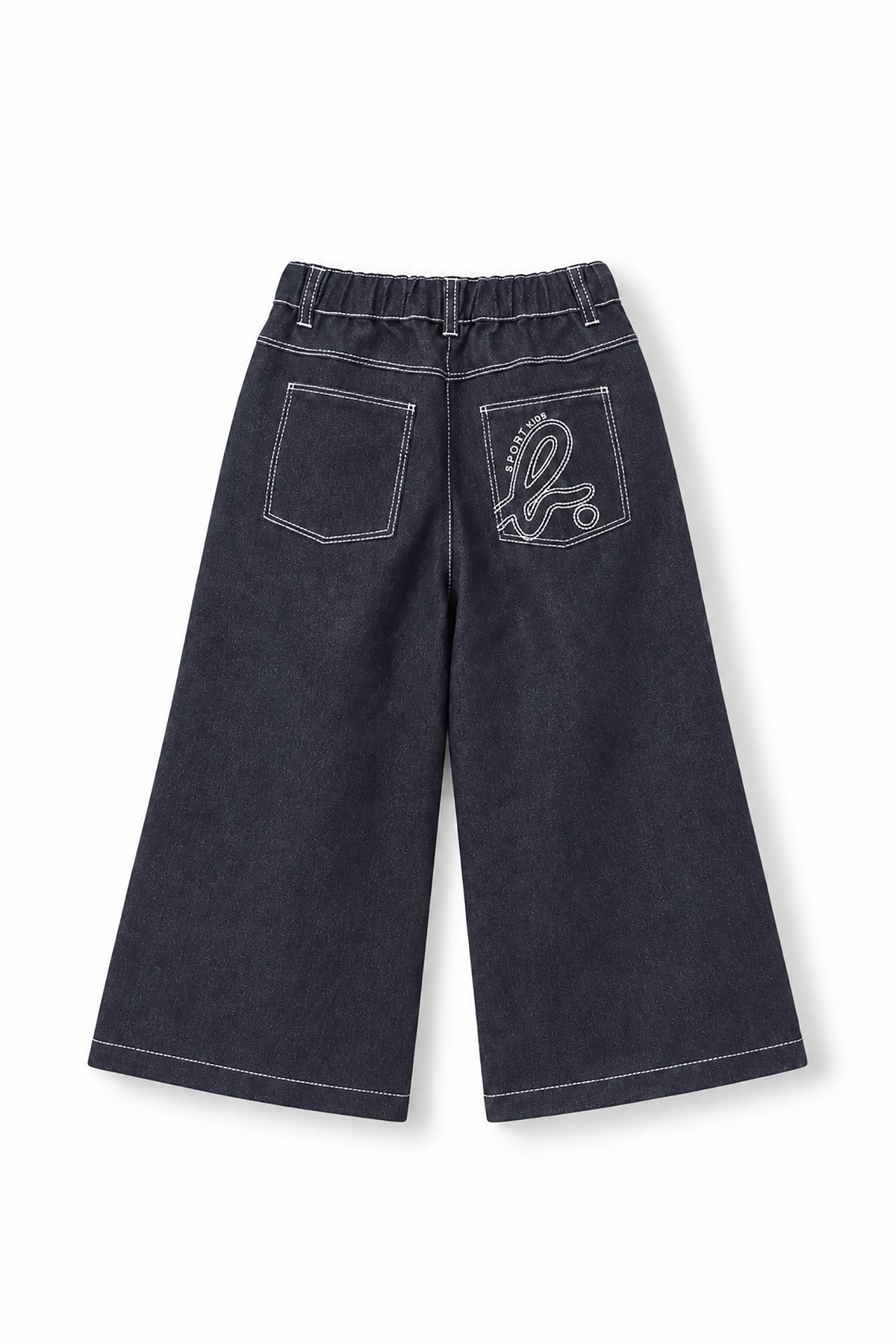 Girls Contrast Stitch Embroidered Logo Wide-Leg Denim Pants