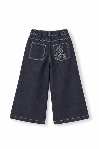 Girls Contrast Stitch Embroidered Logo Wide-Leg Denim Pants