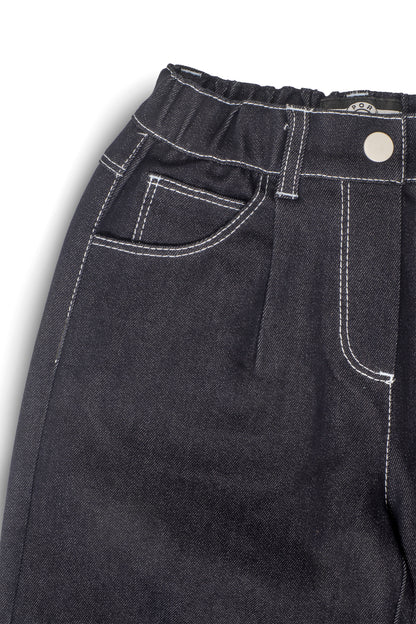 Girls Contrast Stitch Embroidered Logo Wide-Leg Denim Pants