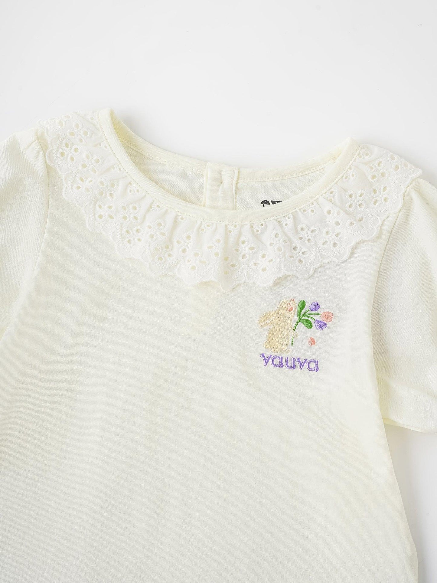 Girls Lace-Trimmed Collar Short Puff Sleeve Bunny Print Tee