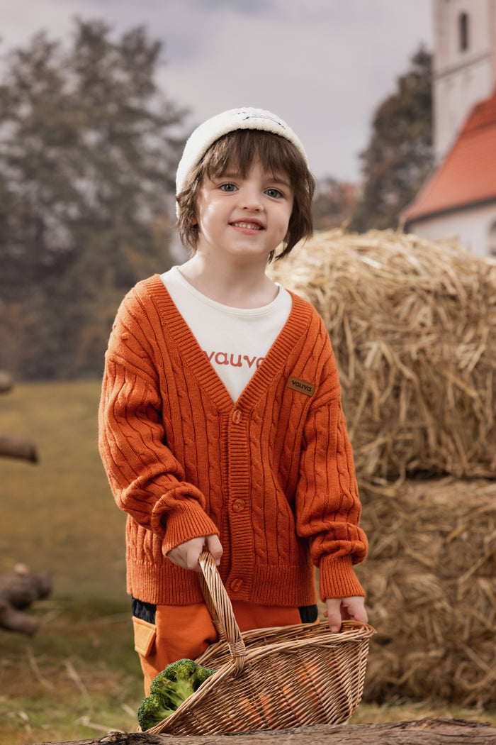 Vauva FW23 - Boy's Braided Long Sleeve Knit Jacket (Orange)-model image front