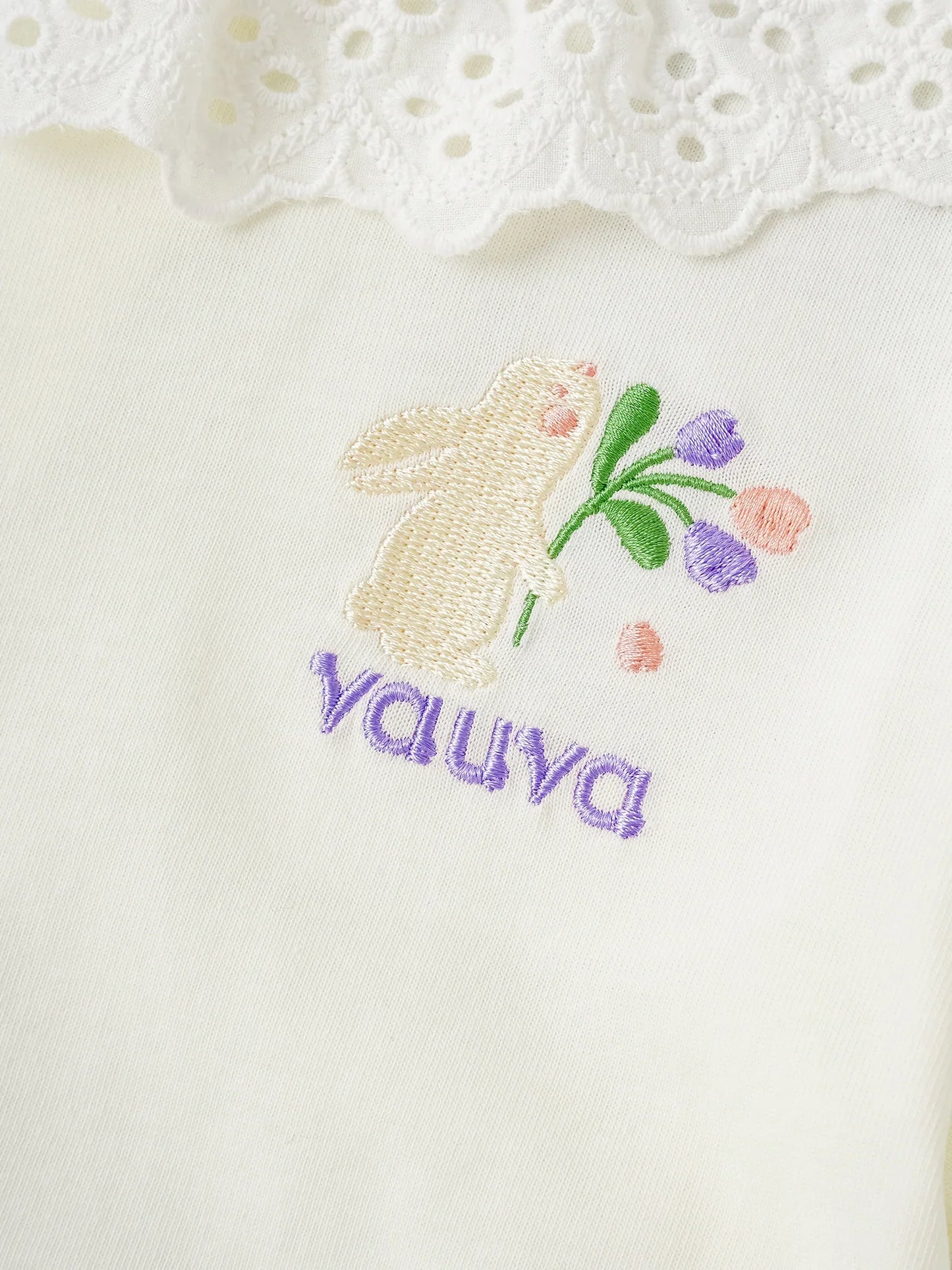 Girls Lace-Trimmed Collar Short Puff Sleeve Bunny Print Tee