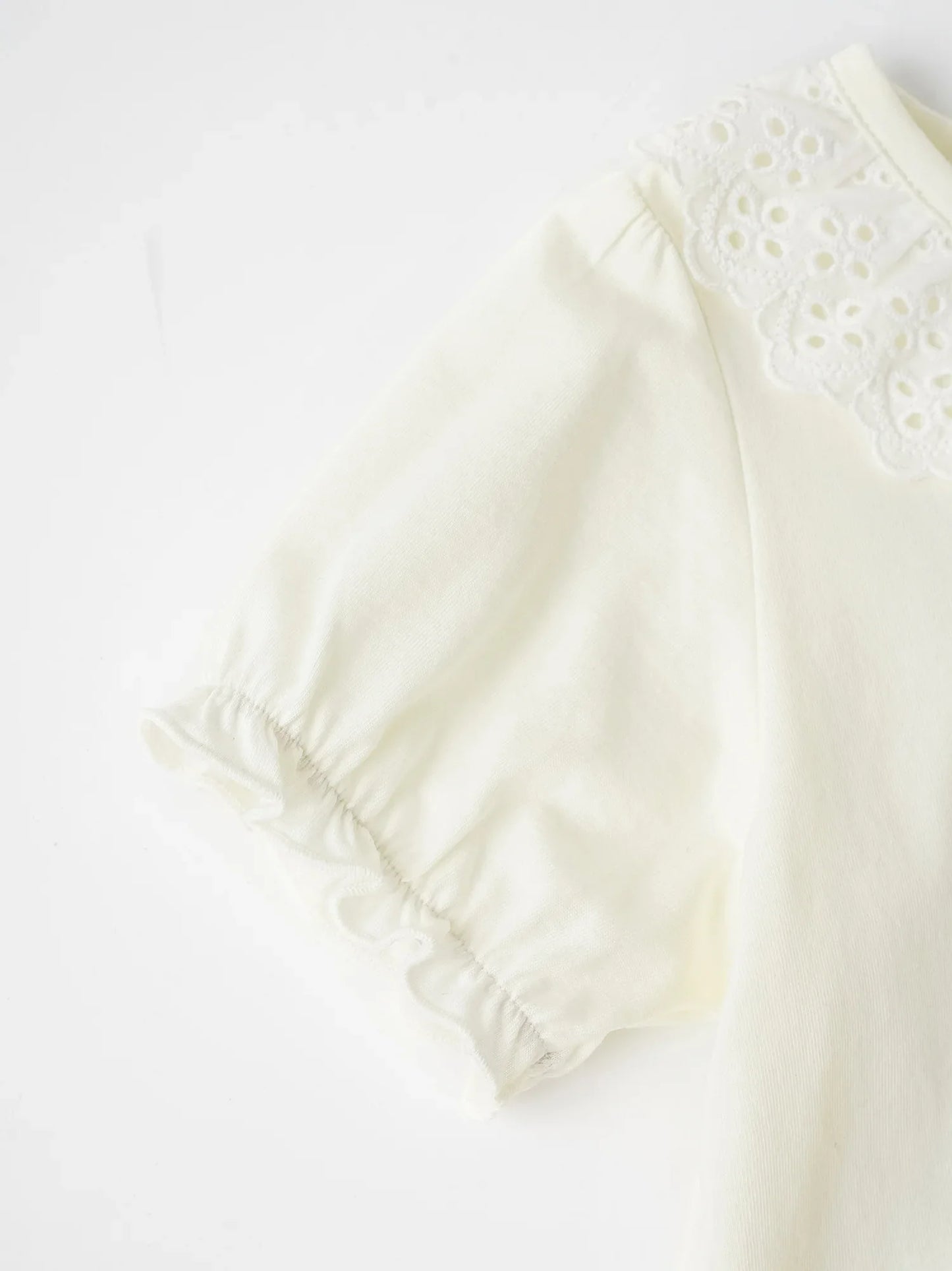 Girls Lace-Trimmed Collar Short Puff Sleeve Bunny Print Tee