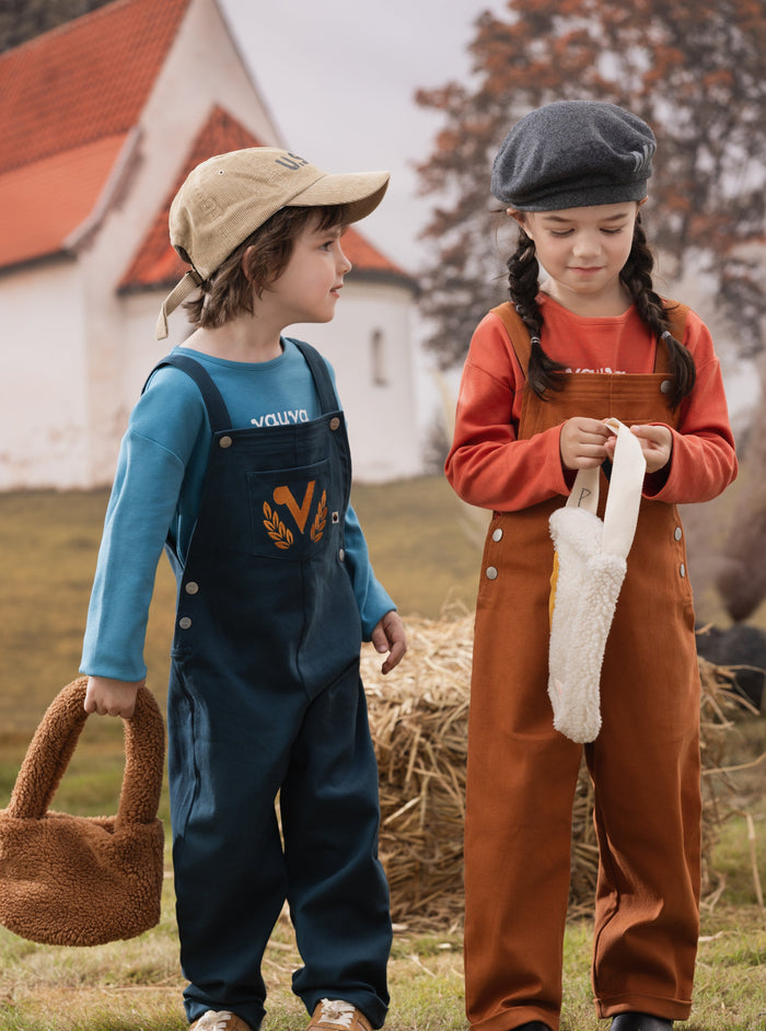 Vauva FW23 - Kids Embroidered Cotton Dungarees (Orange) - My Little Korner