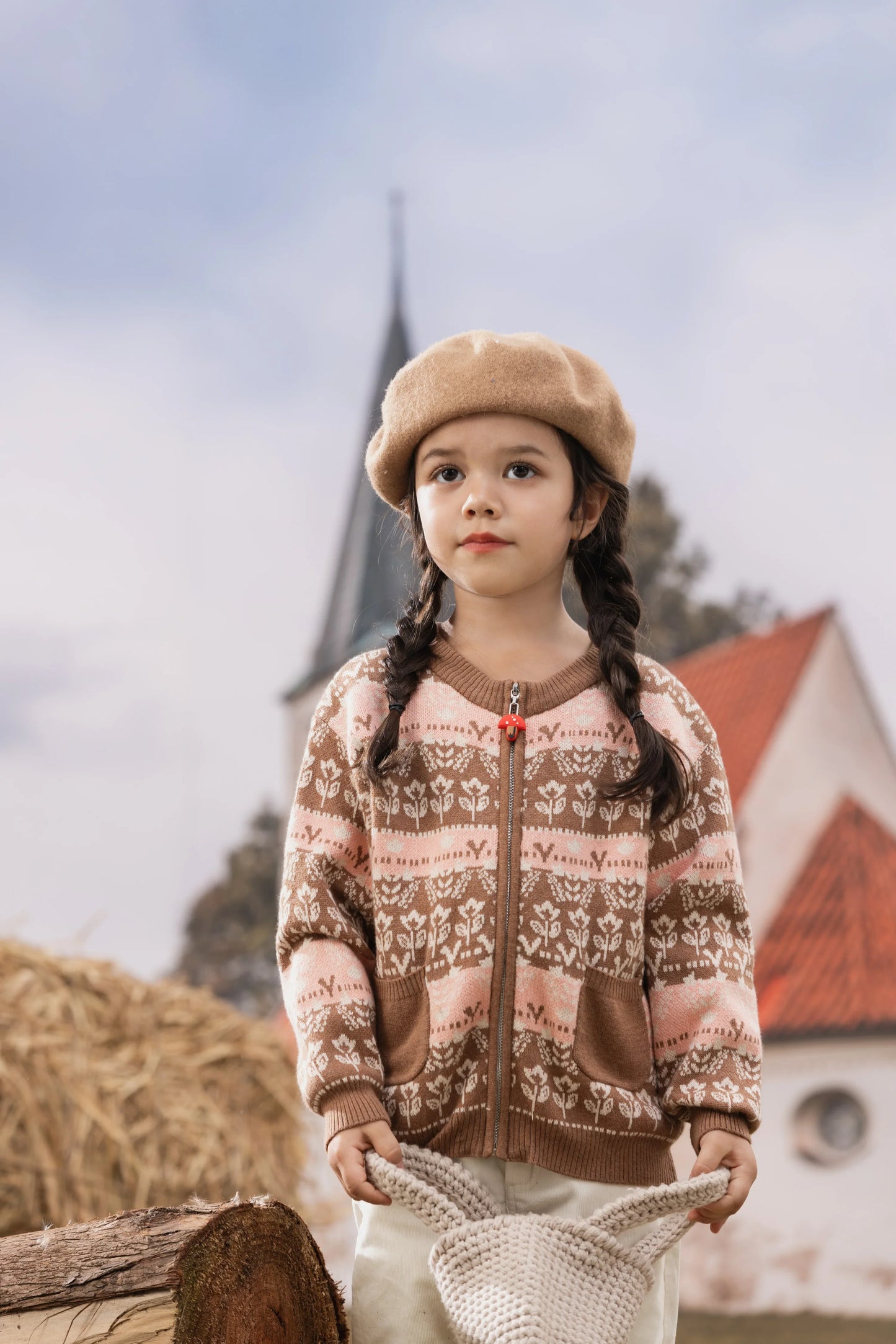 VAUVA Vauva FW23 - Girls Jacquard Cotton Cashmere Jacket (Brown) Coat & Jacket