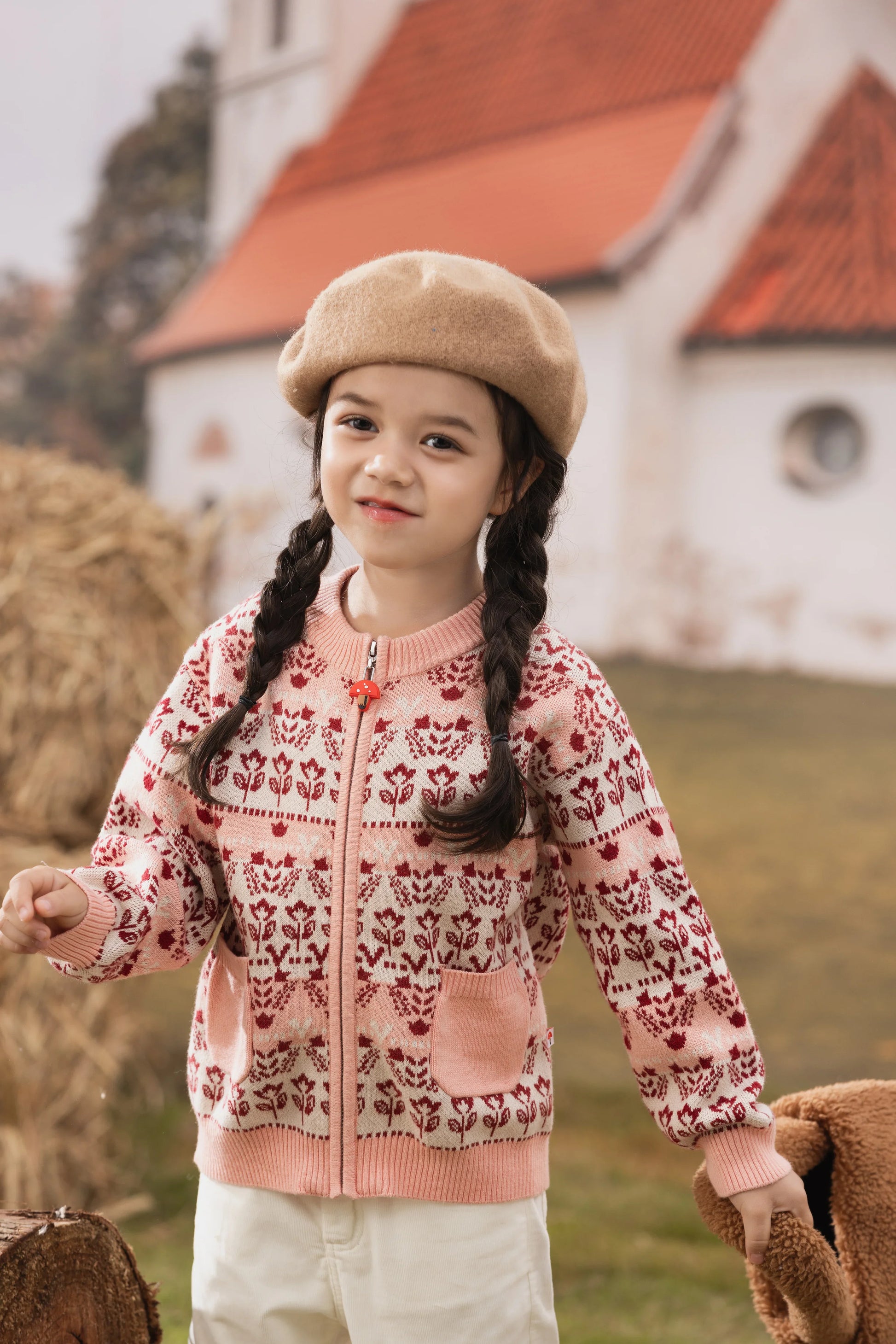 VAUVA Vauva FW23 - Girls Jacquard Cotton Cashmere Jacket (Pink) Coat & Jacket