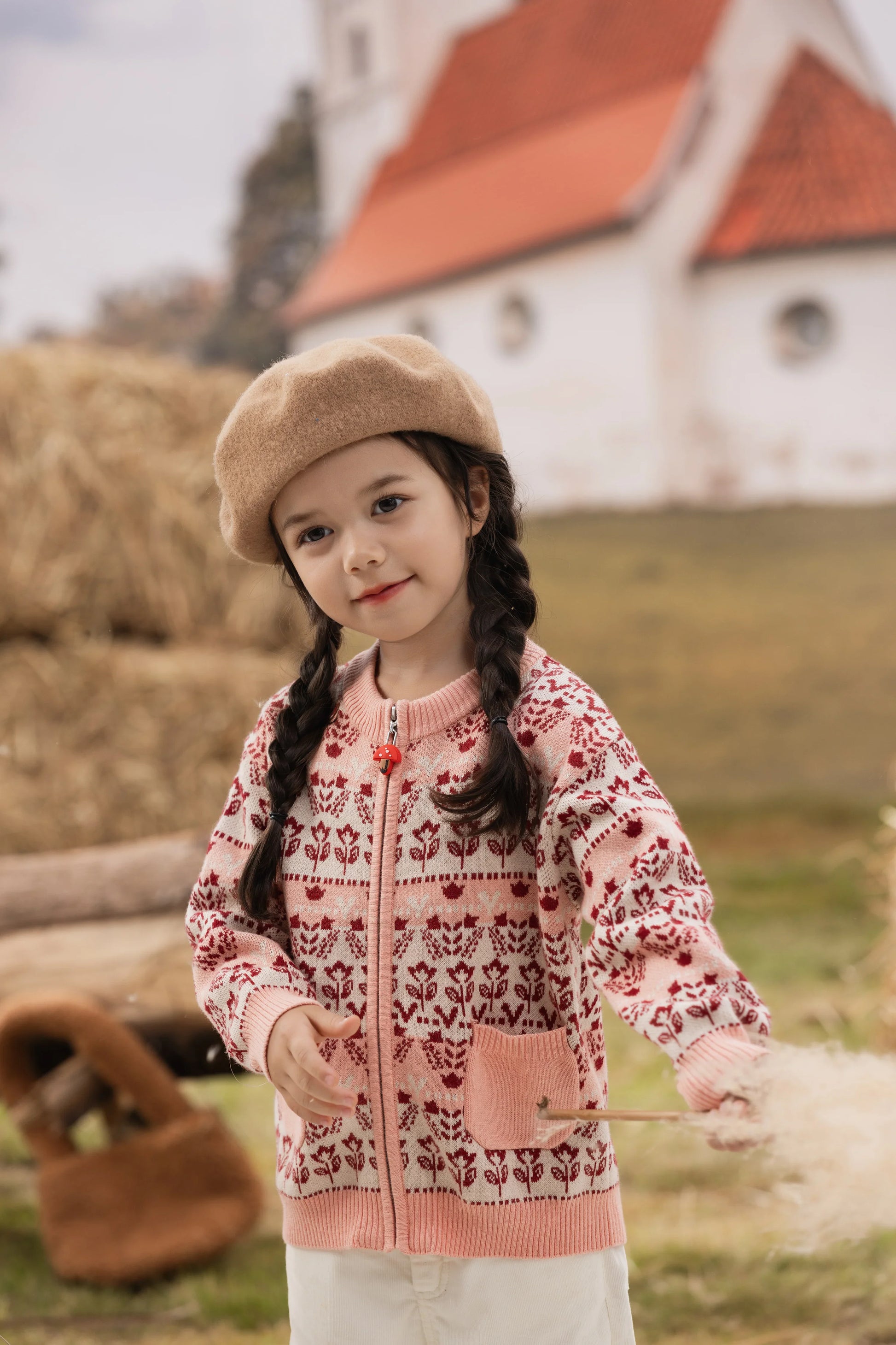 VAUVA Vauva FW23 - Girls Jacquard Cotton Cashmere Jacket (Pink) Coat & Jacket