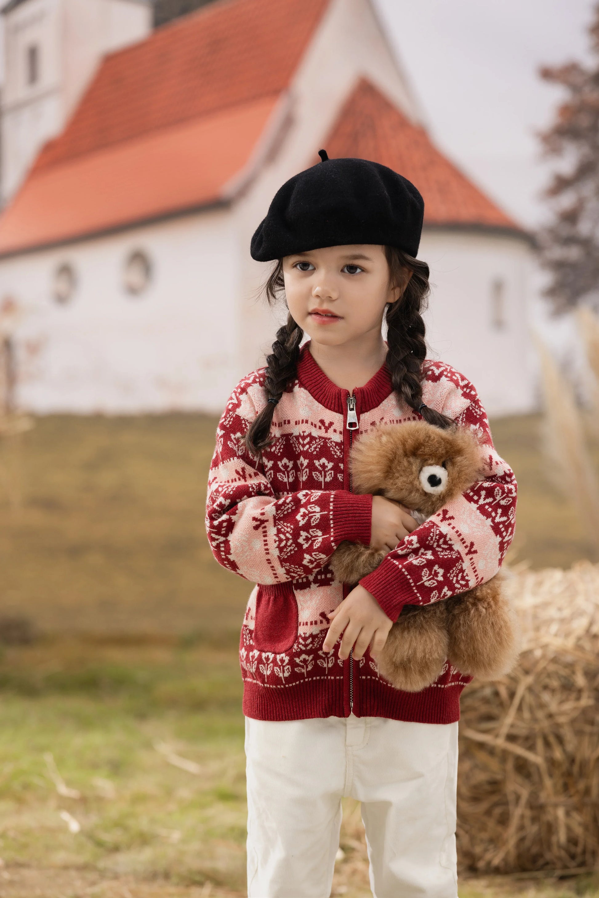 VAUVA Vauva FW23 - Girls Jacquard Cotton Cashmere Jacket (Red) Coat & Jacket